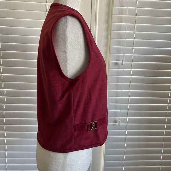 Vintage Vest Sz 10 A Red Velvet Open Front 70s 80s Gold Buckle Sides Sleeveless - Picture 2 of 12